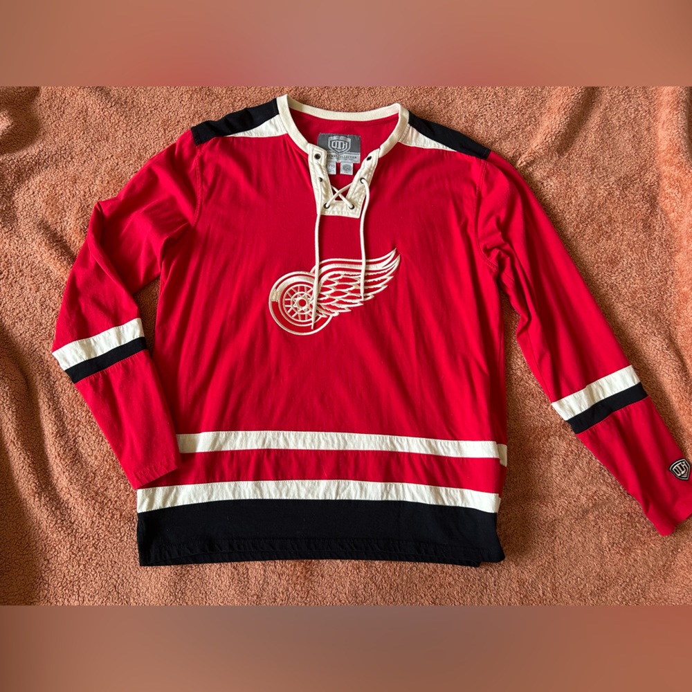 Old Time Hockey Red Wings Red Lace-Up  Shirt with Cream Trim